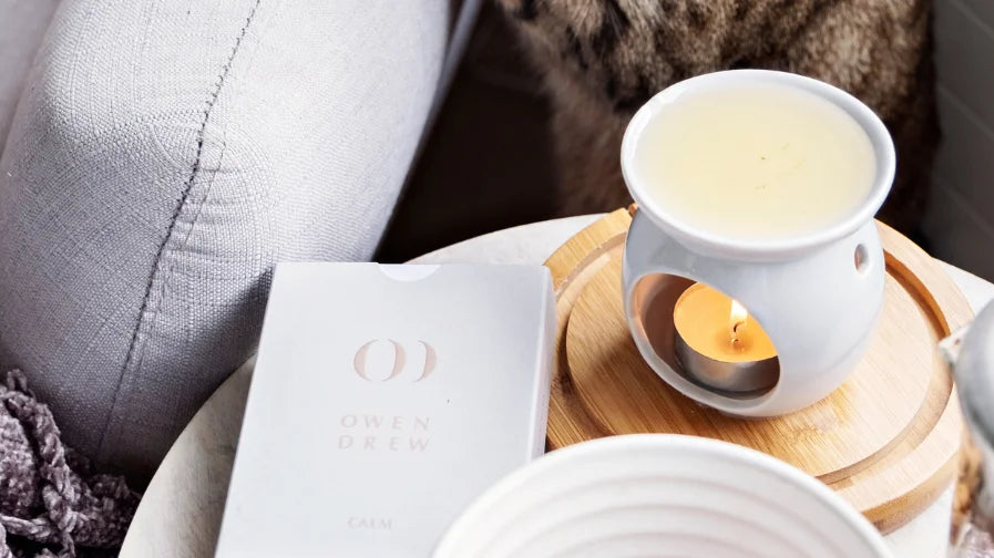 A picture of a wax melt burner and 1 pack of wax melts on a table.