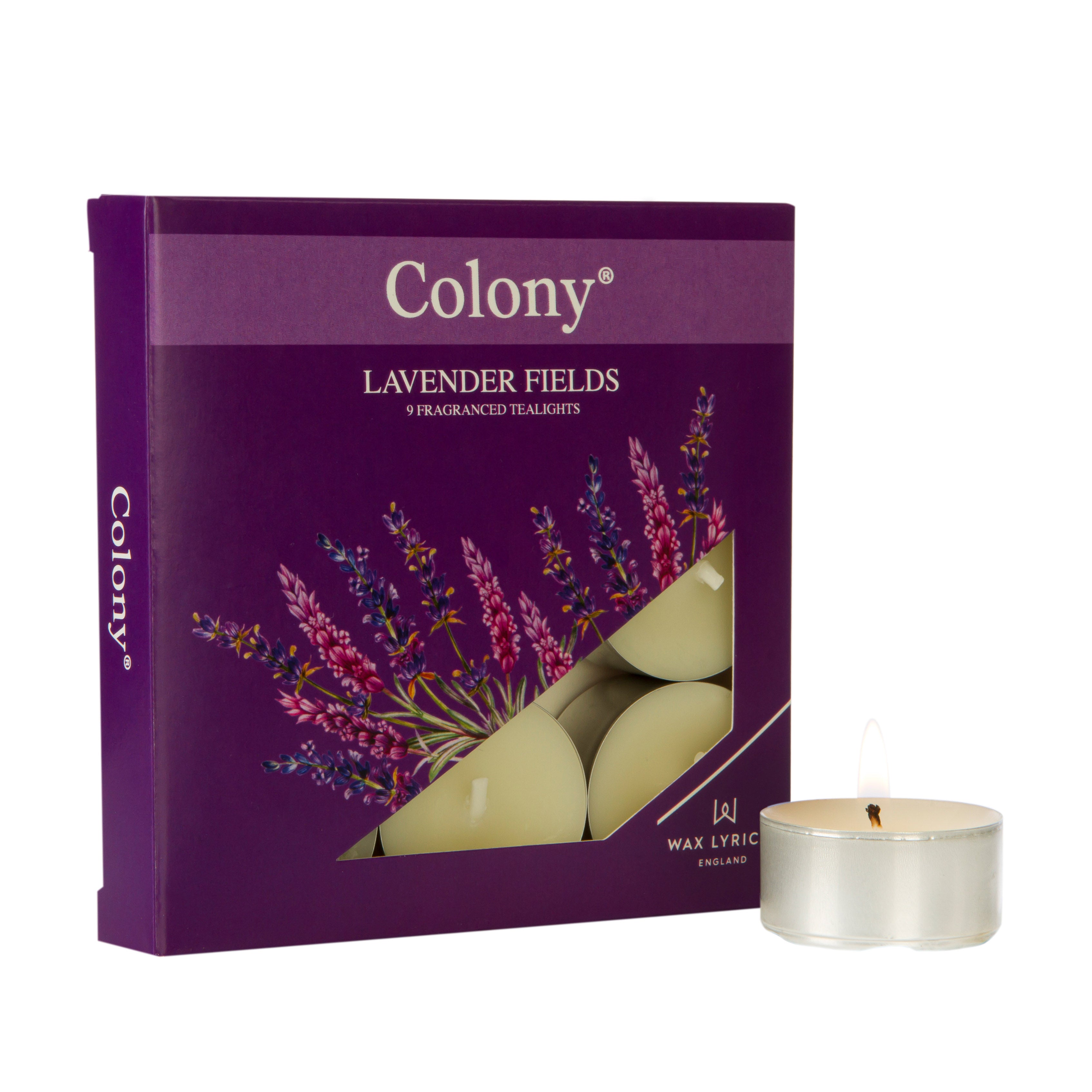 Wax Lyrical Colony Lavender Fields Tea Lights. Scents of lavender, eucalyptus, bergamot and sandalwood.