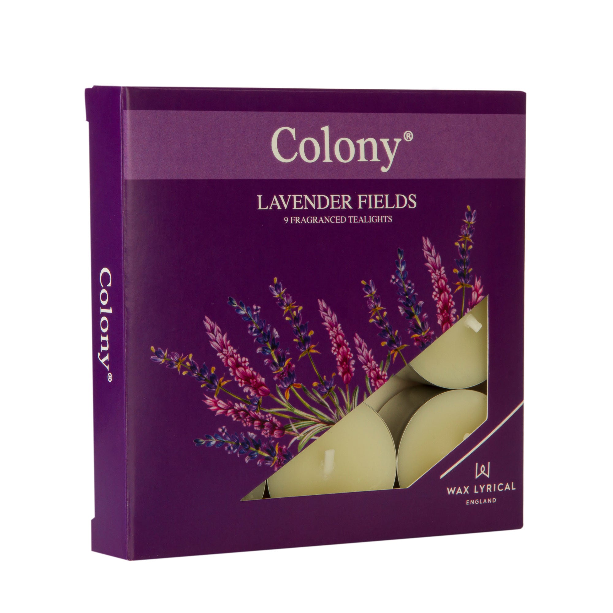 Wax Lyrical Colony Lavender Fields Tea Lights. Scents of lavender, eucalyptus, bergamot and sandalwood.