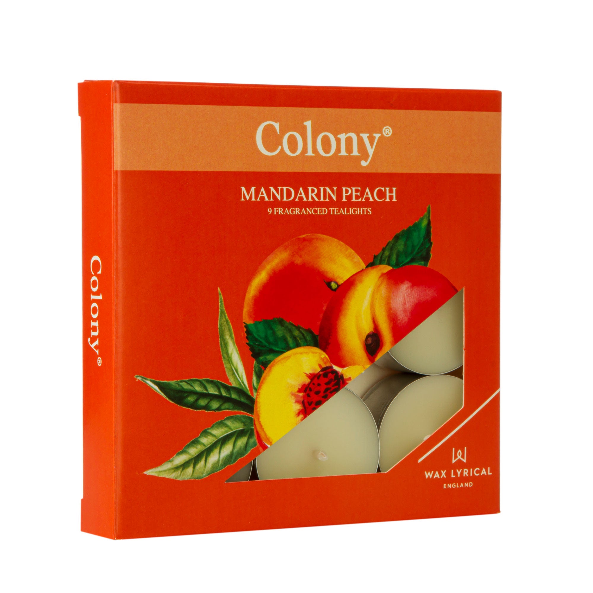 Wax Lyrical Colony Mandarin Peach Tea Lights. Mandarin, peach together with zesty lime, earthy basil, fresh lemongrass in this fruit bowl fragrance. Spearmint and moss and vetivert base create a scented base.