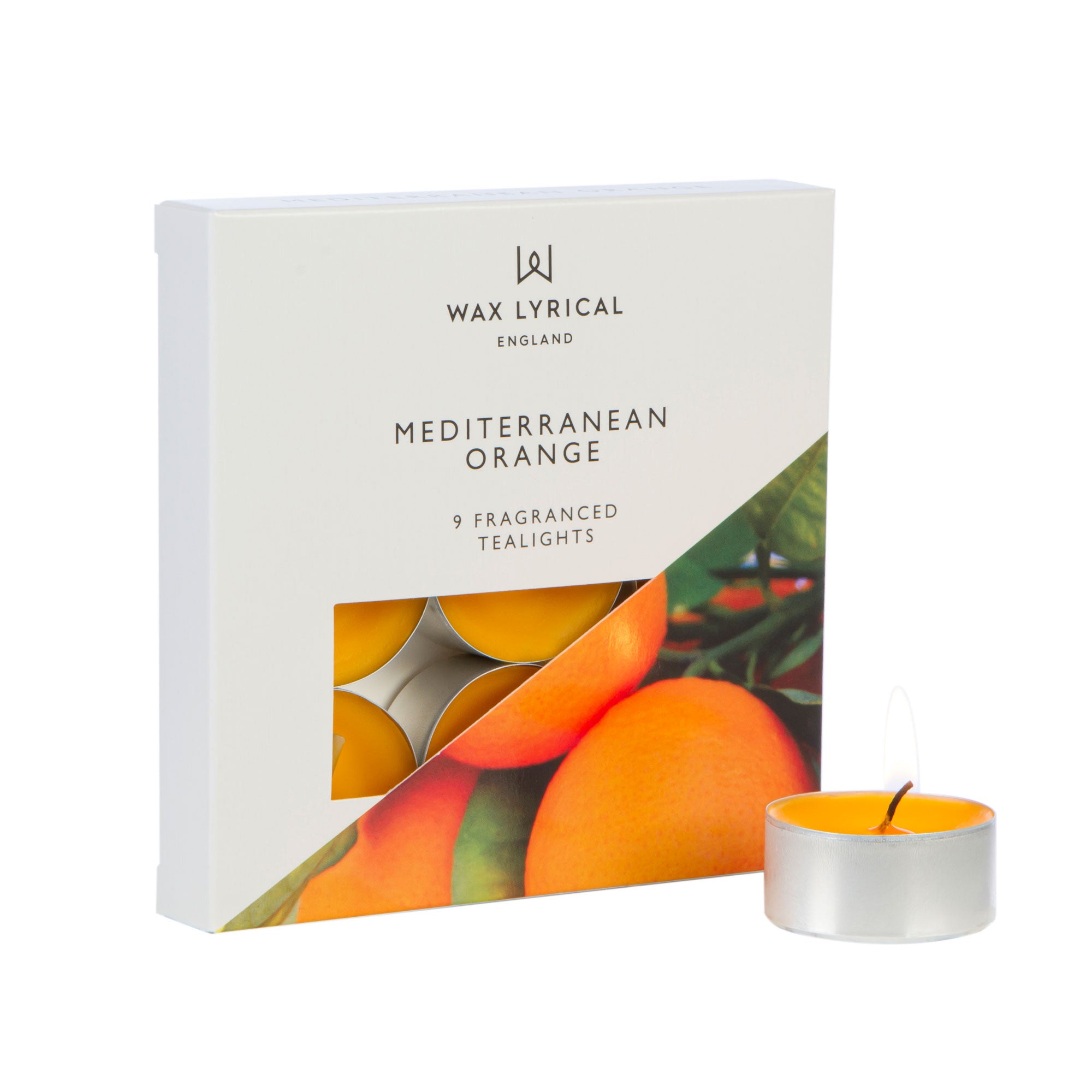Wax Lyrical Made In England Mediterranean Orange Tea Lights. Tangy orange scent is filled with citrus zest, mandarin, grapefruit, aniseed.