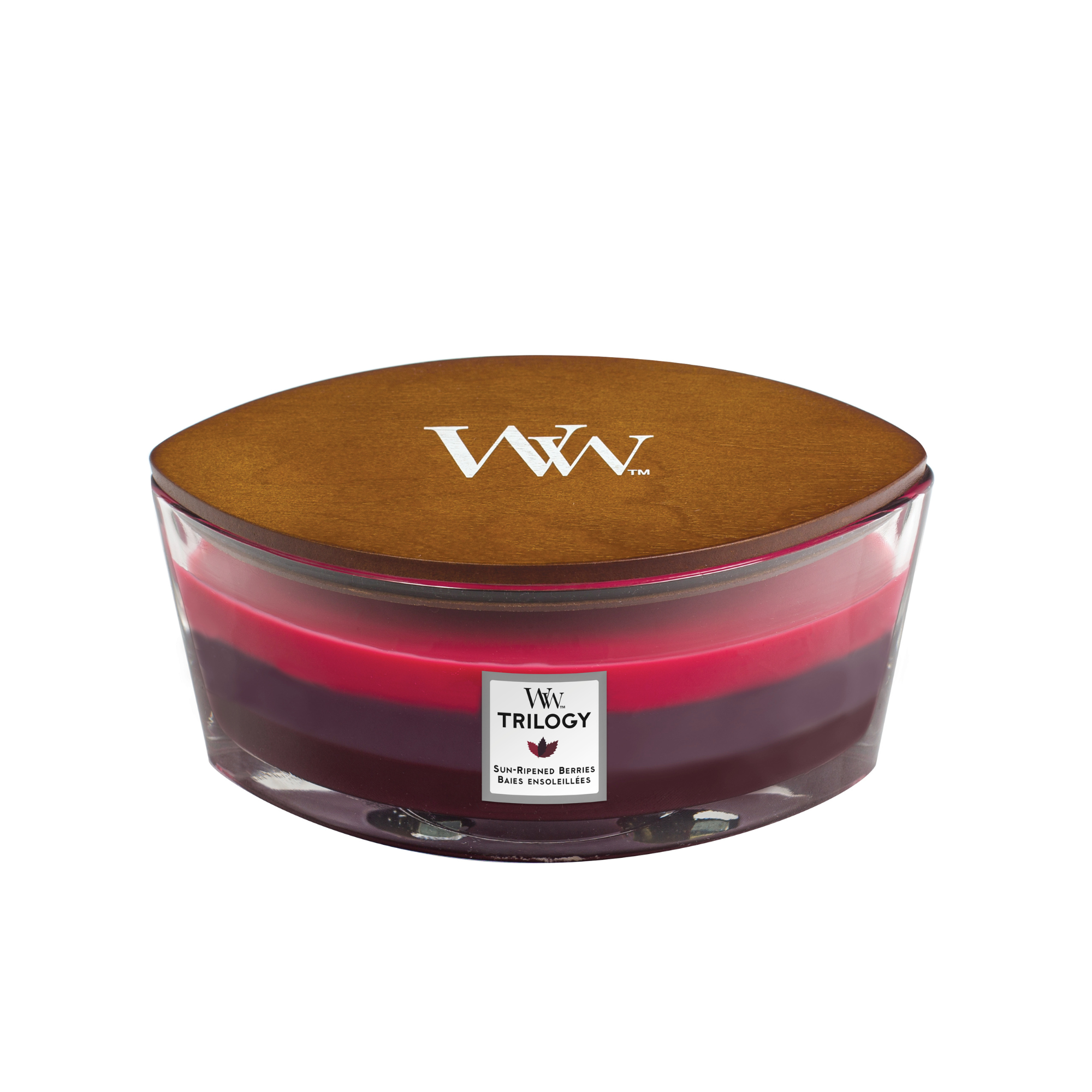 WoodWick Sun Ripened Berries Large Ellipse Trilogy Candle. A unique ambiance as the fragrance layers melt together.