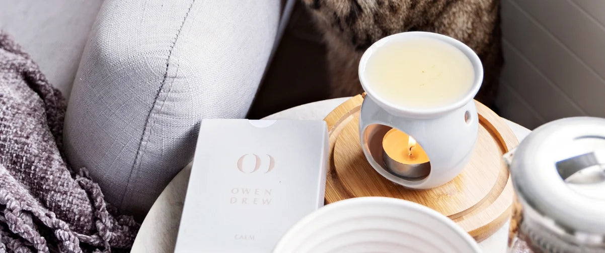 A picture of a wax melt burner and 1 pack of wax melts on a table. 