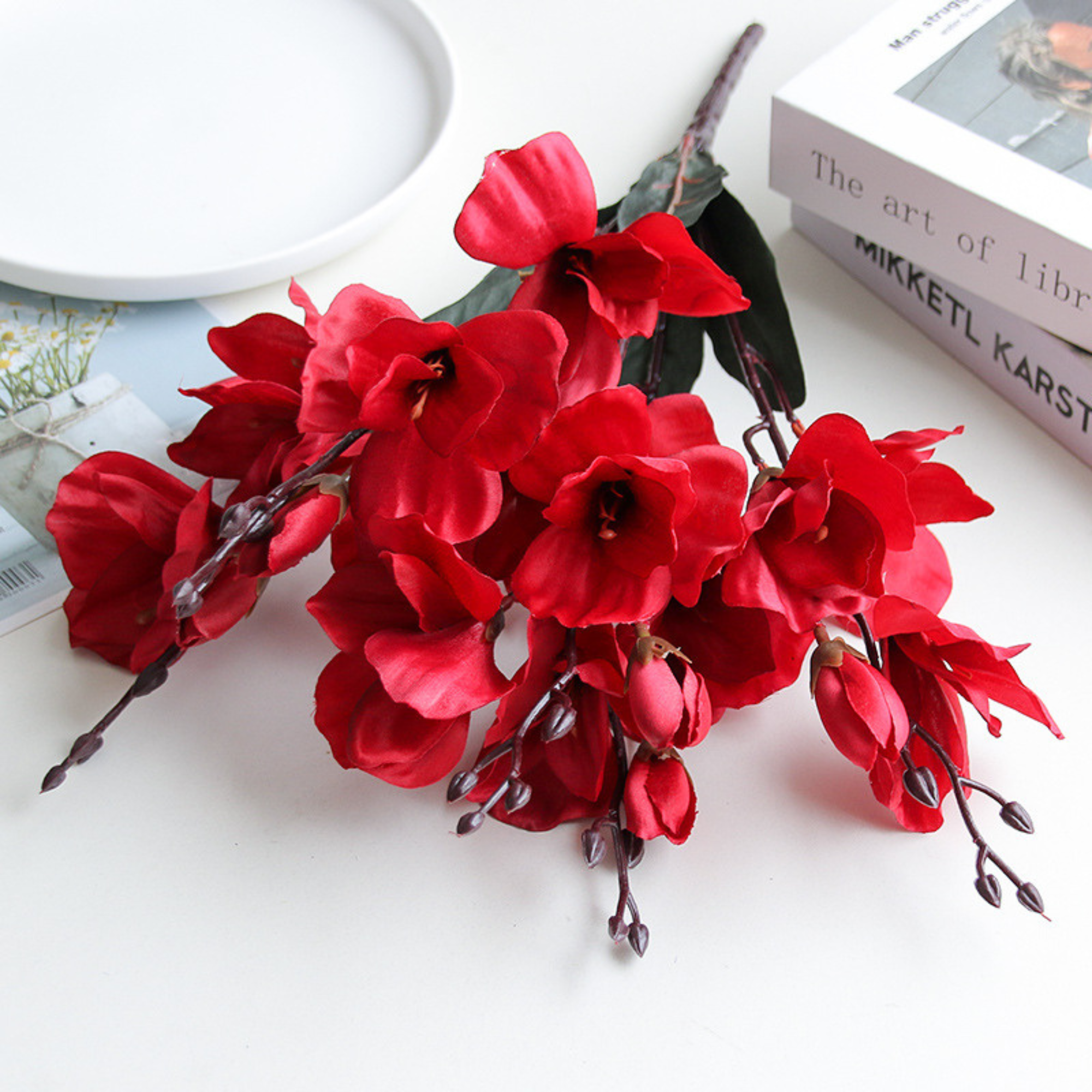 Bright Red: Magnolia Bouquet Faux Artificial Flowers