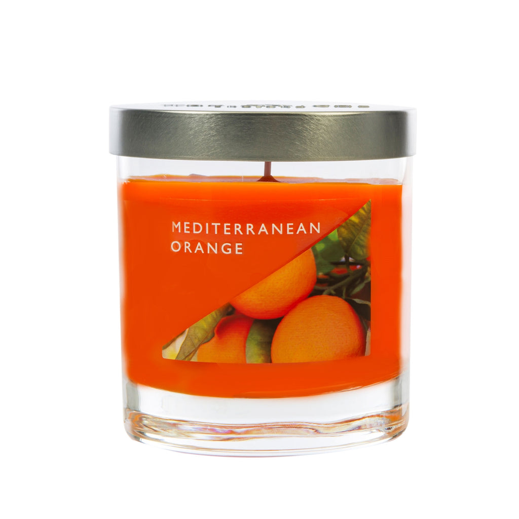 Wax Lyrical Made In England Mediterranean Orange Medium Tin CandlesWax Lyrical Made In England Mediterranean Orange Medium Tin Candles. Cherries spritz in this fruity fragrance, ripe strawberries and raspberries add rich red zest. Floral violet and vanilla create a sweet base. 