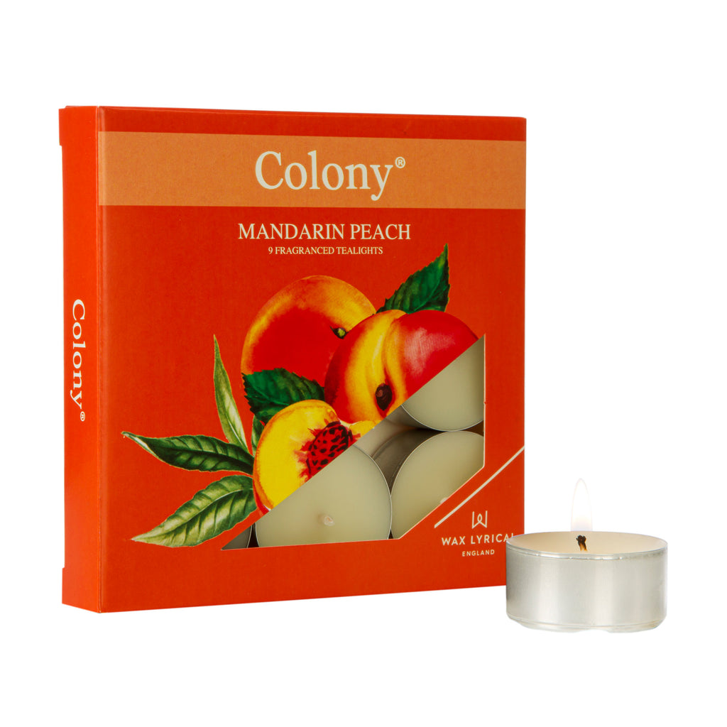 Wax Lyrical Colony Mandarin Peach Tea Lights. Mandarin, peach together with zesty lime, earthy basil, fresh lemongrass in this fruit bowl fragrance. Spearmint and moss and vetivert base create a scented base.