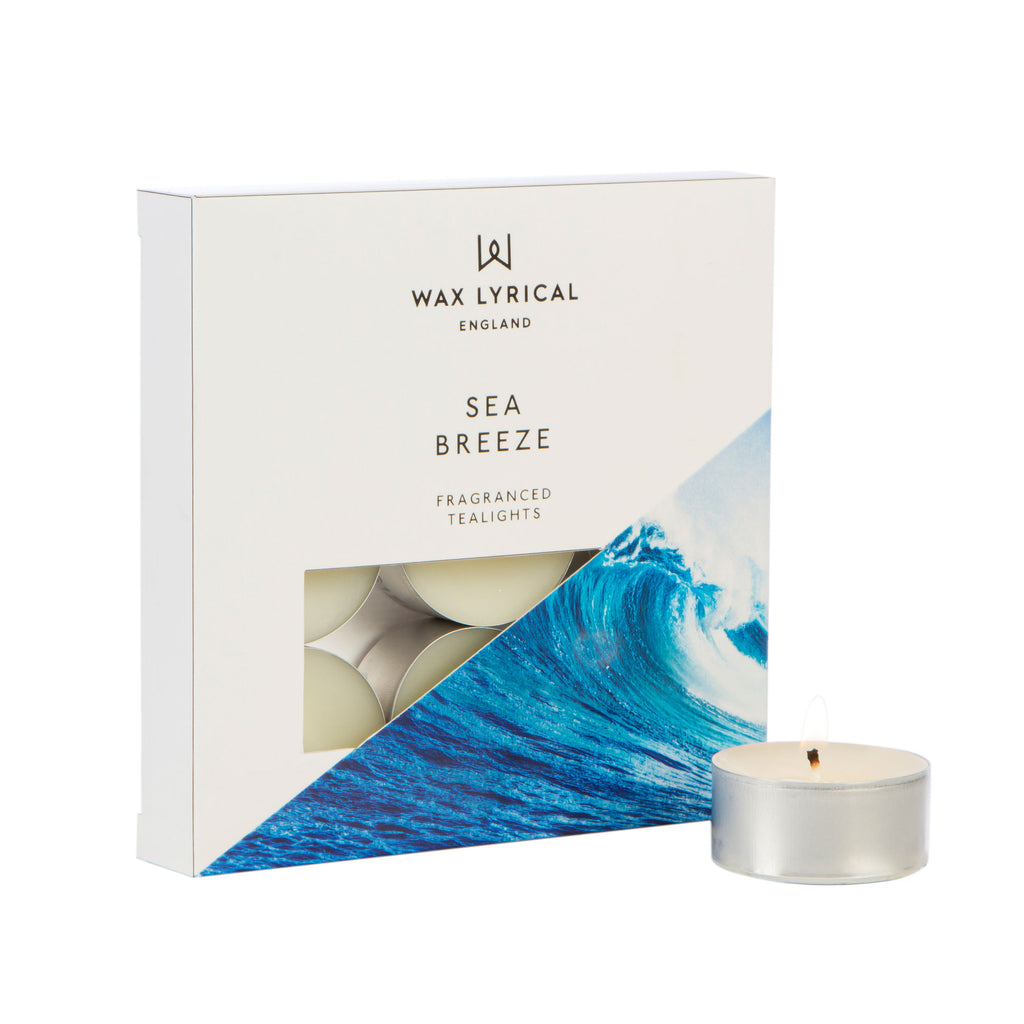 Wax Lyrical Made In England Sea Breeze Tea Lights. A refreshing fragrance bringing watery notes to your home. A floral heart, fresh figs and woody notes, amber and musk.