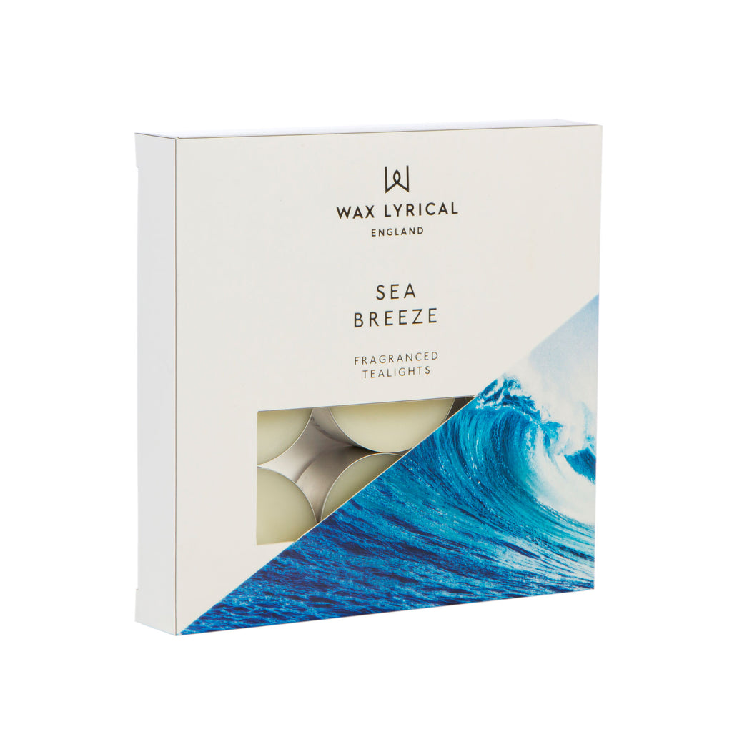 Wax Lyrical Made In England Sea Breeze Tea Lights. A refreshing fragrance bringing watery notes to your home. A floral heart, fresh figs and woody notes, amber and musk.