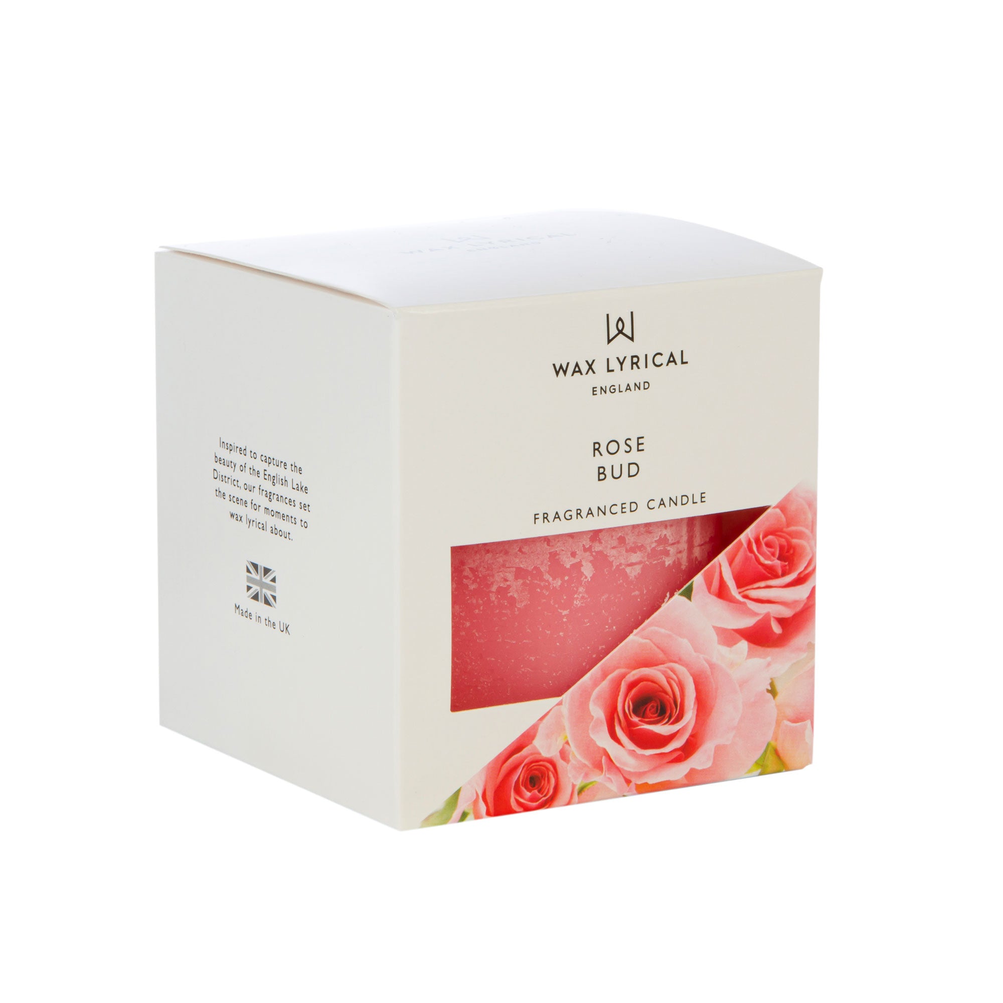 Wax Lyrical Made In England Rose Bud Pillar Candle. Fresh cut roses flourish in this scent, with floral notes of iris, gardenia all arranged for a lovely musk finish. This pillar candle is a luxury addition to the home and is exploding with fragrance.