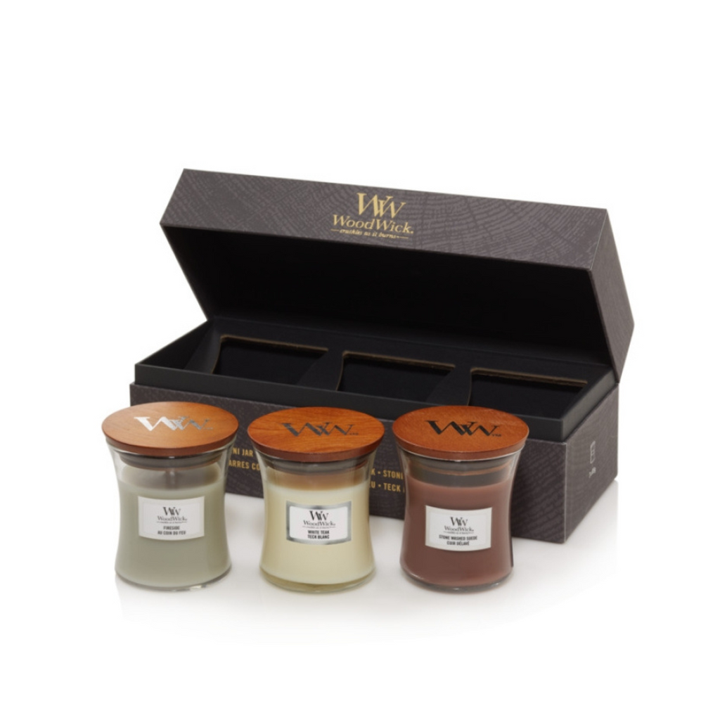 WoodWick 3 Piece Mini Hourglass Candle Gift Set. WoodWick® provides an elegant gift option for any occasion. A distinctive pattern, satin ribbons and foil embellishments create a sophisticated aesthetic and hint at the premium experience found inside.