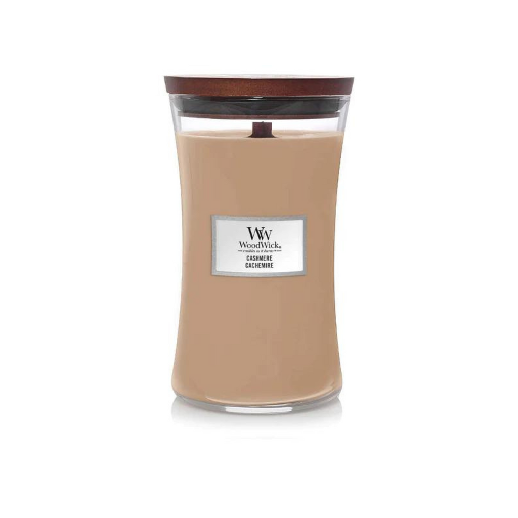 WoodWick Cashmere Large Hourglass Candle. Combination of fragrance notes — including sandalwood, tonka bean, and quince — blend to create a sumptuous, compelling scent.