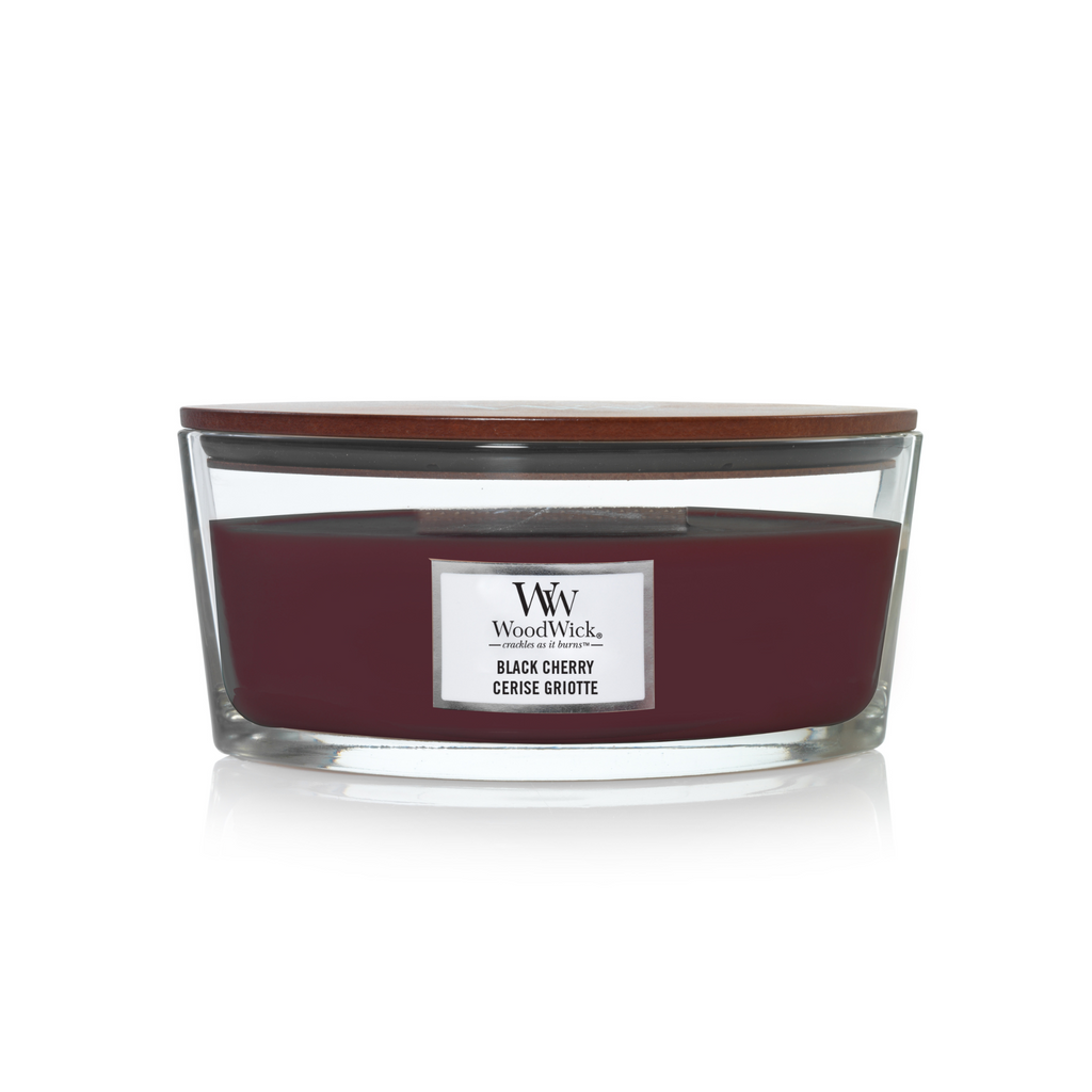 WoodWick Black Cherry Ellipse Large Candle. Sweet scents of juicy, ripe black cherries
