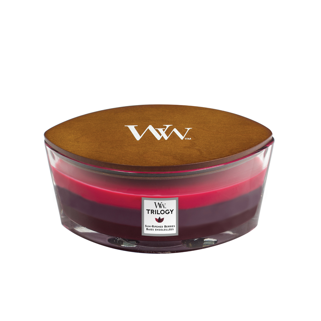 WoodWick Sun Ripened Berries Large Ellipse Trilogy Candle. A unique ambiance as the fragrance layers melt together. 