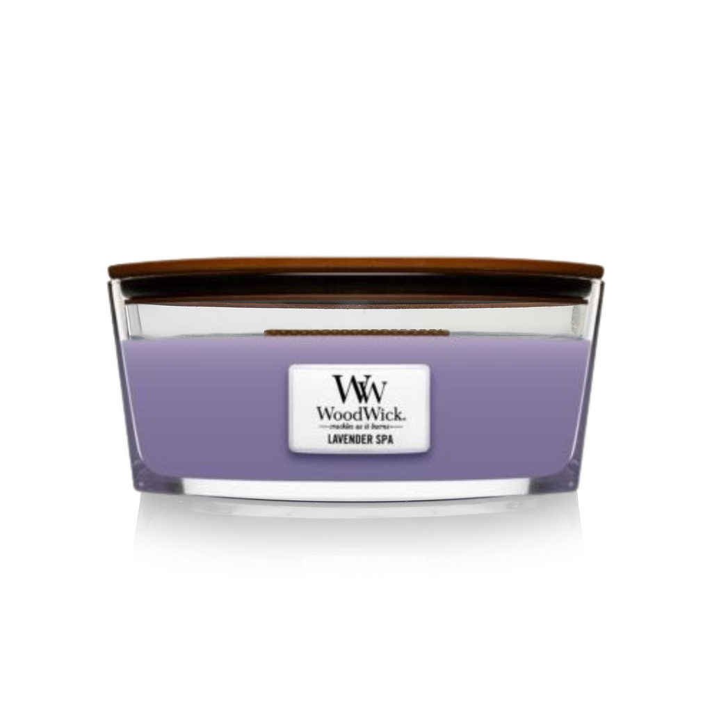 WoodWick Lavender Spa Ellipse Large Candle. Recreate a day at the spa with the relaxing and soothing scents of specially blended lavender and eucalyptus essential oils.