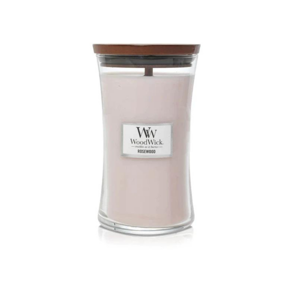 WoodWick Rosewood Large Hourglass Candle. Roseberry and soothing tea unite with lovely notes of cedarwood and musk.