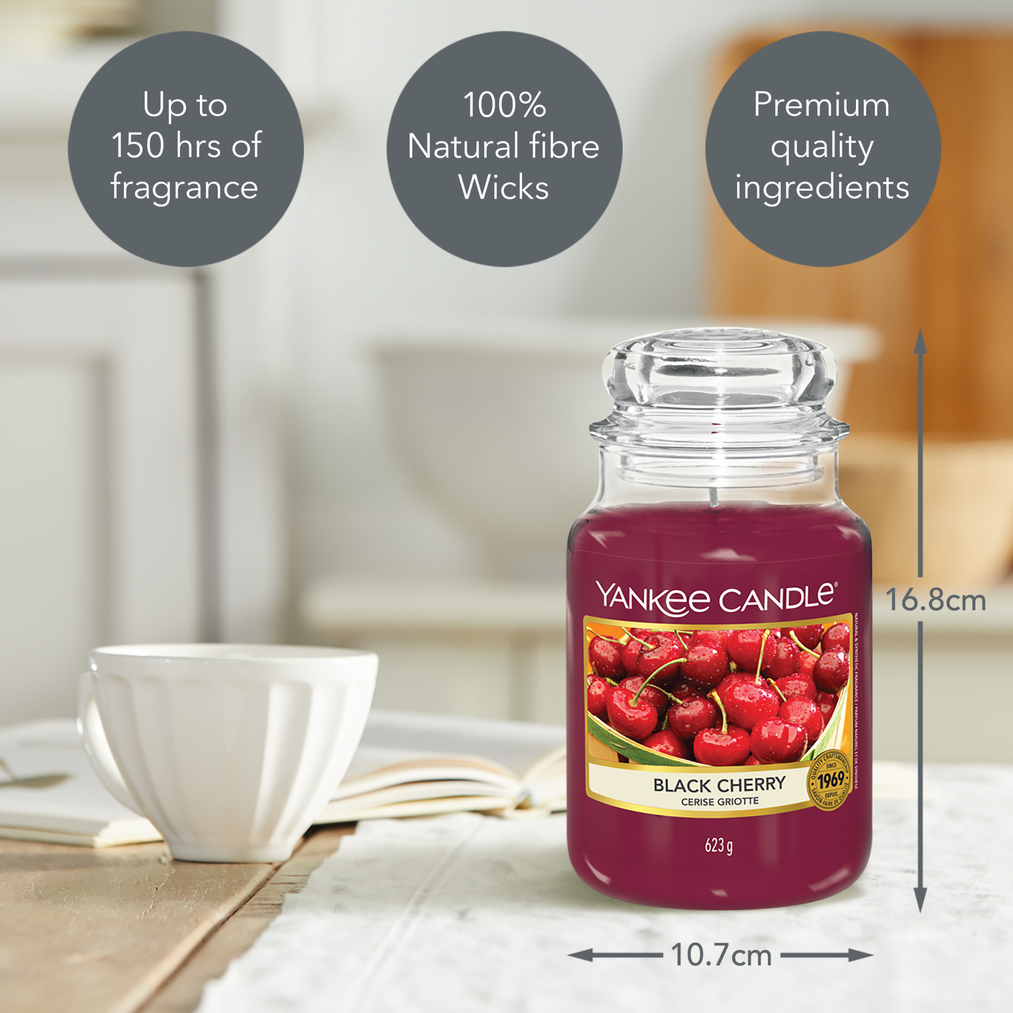 Yankee Candle Black Cherry Large Jar Candle. A fruity fragrance that absolutely captures the delicious richness, of ripe black cherries.